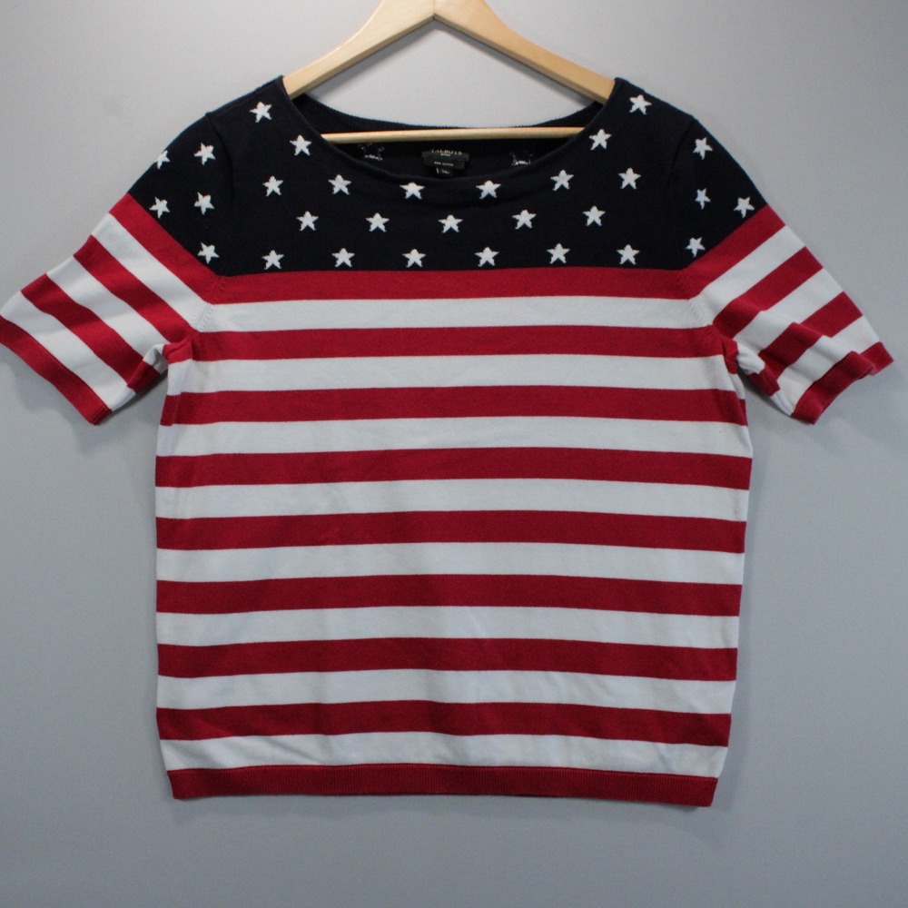 Talbots Womens Petite Large American Flag Stars Stripes Short Sleeve Sweater LP